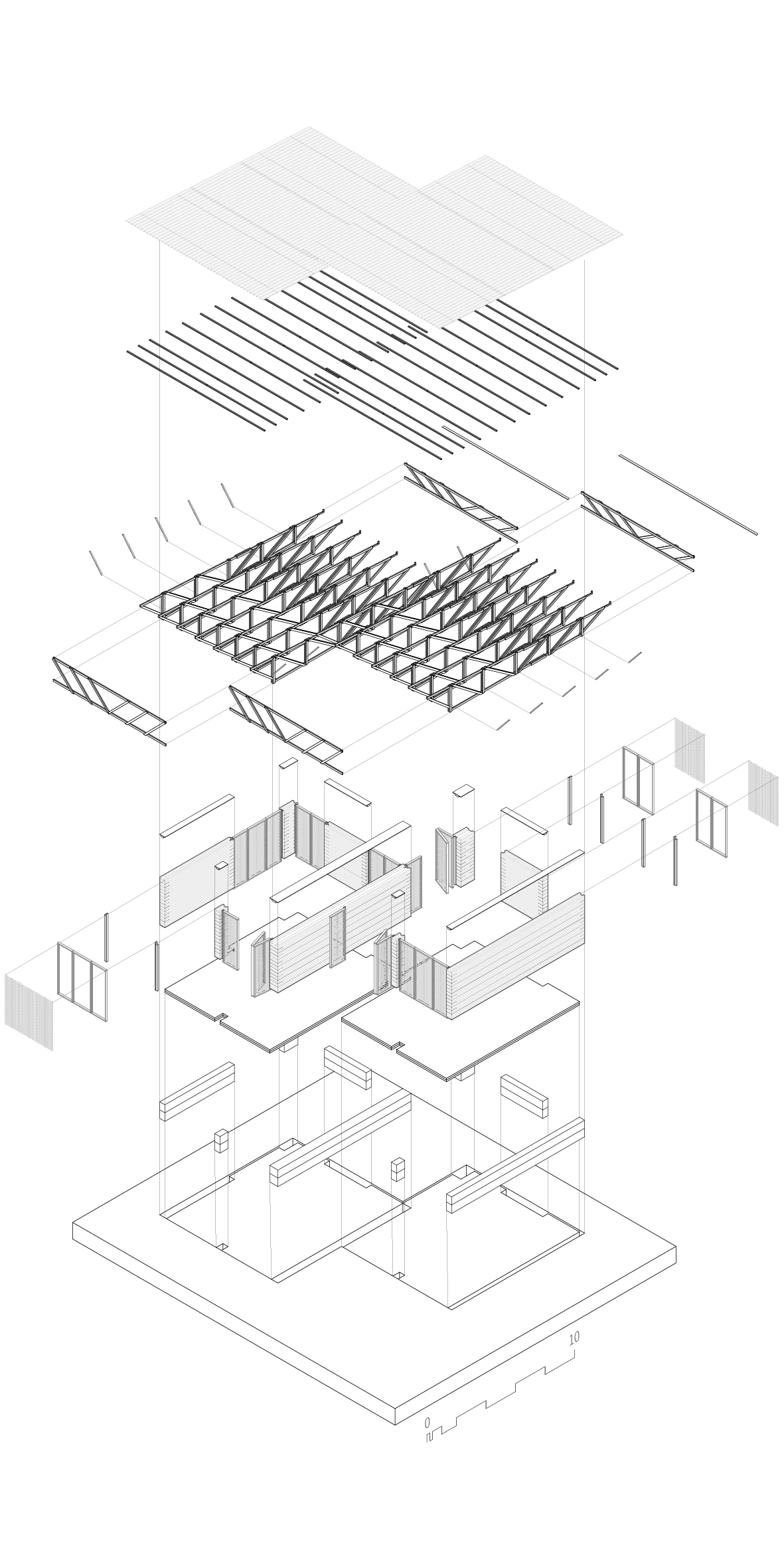 architectural explosion drawing of one classroom module