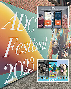Die Werbung des ADC Festivals im Hintergrund, die beiden ausgezeichneten Apps montiert.